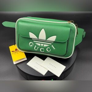 Gucci x adidas Zip Belt Bag Leather Green Trefoil White Logo, 90 cm (max 38 in)